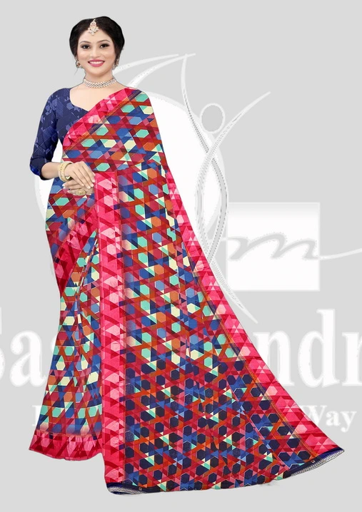 Wetless Printed Saree with Lace - Kdambari - Red Mix